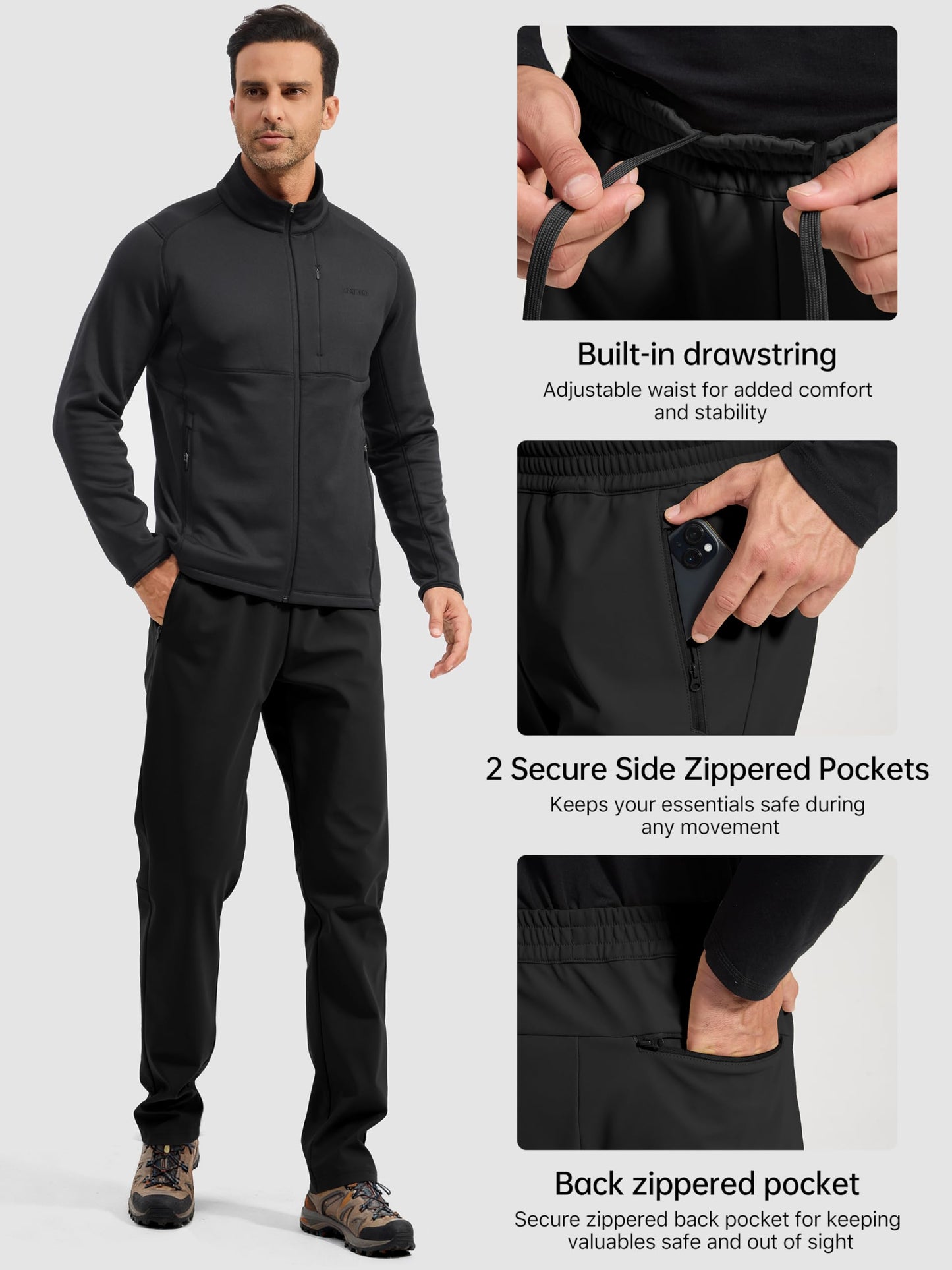 FREE SOLDIER Men's Fleece Lined Winter Pants Waterproof Warm Sweatpants Athletic Thermal Pants (Black 34W/30L)
