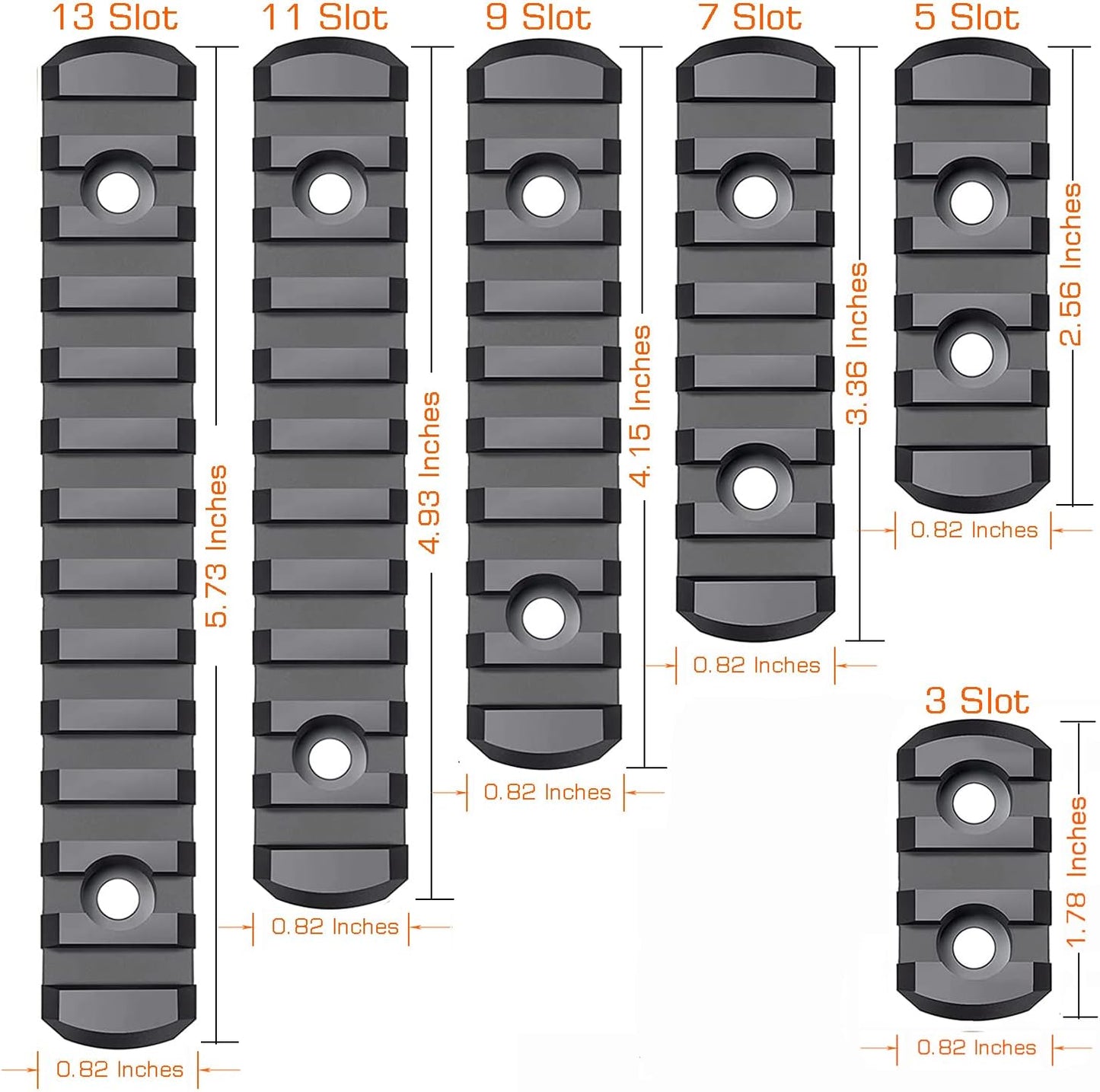 Picatinny Rail - 3, 5, 7, 9, 11, 13-Slot Polymer Rail Section with Offset Mount & T-Nuts