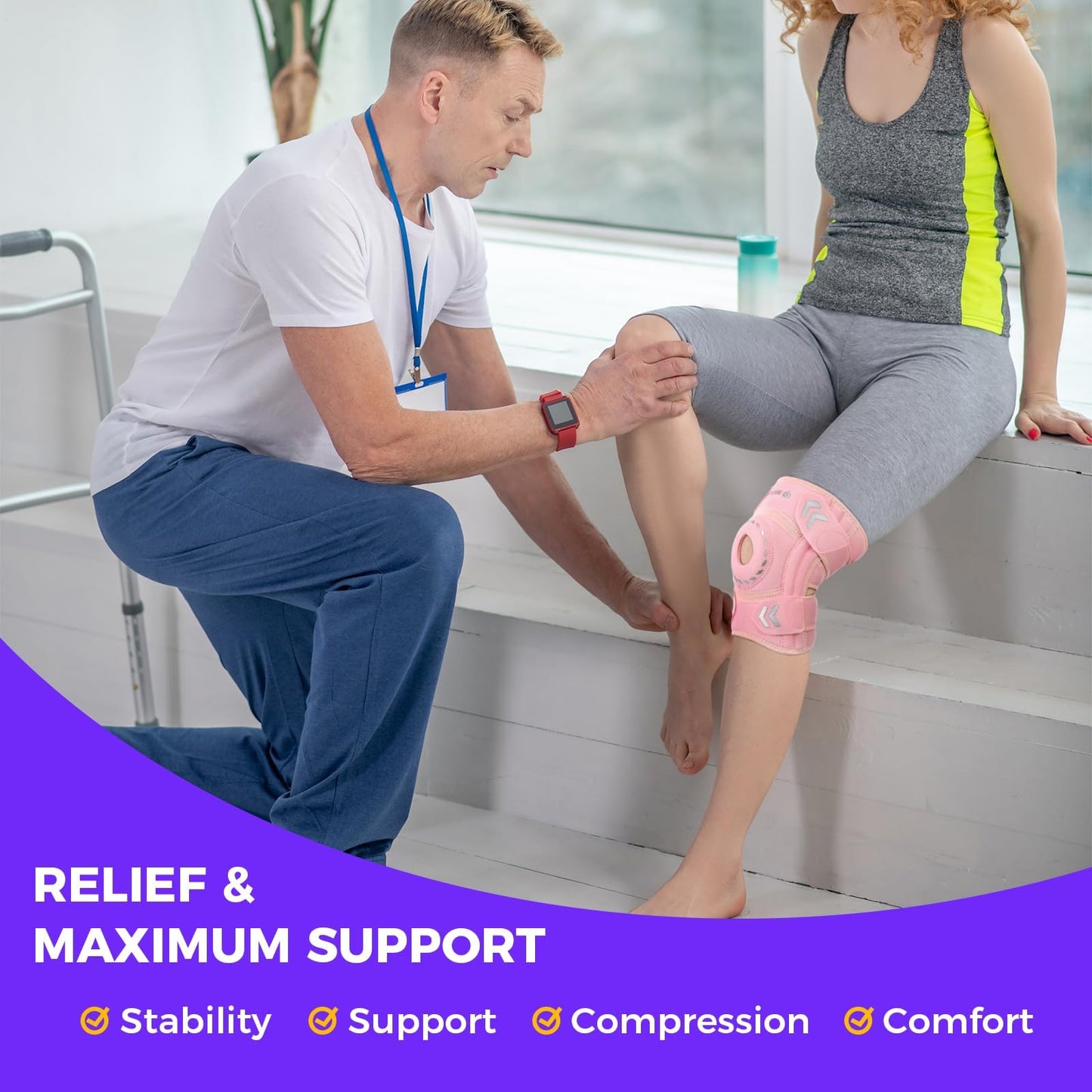 INDEEMAX Knee Brace for Women & Men, Adjustable Knee Support with Side Stabilizers & Patella Gel Pads for Knee Pain, Meniscus Tear, ACL, MCL, Arthritis, Injury Recovery, Running, Workout, Pink