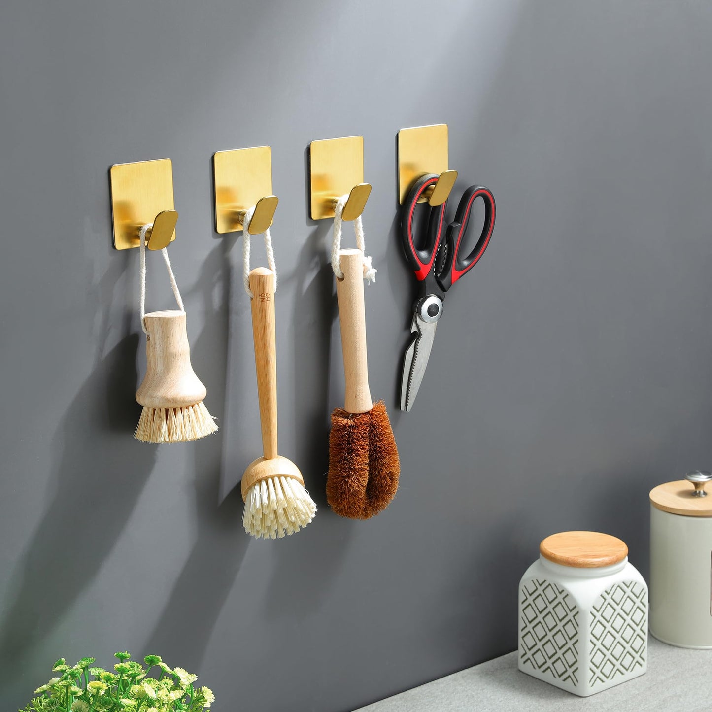 DELITON Gold Towel Hooks- 4 Pack Adhesive Hook for Coat Robe Clothes Stick on Bathroom Wall Brushed Gold Finish Heavy Duty, Stainless Steel