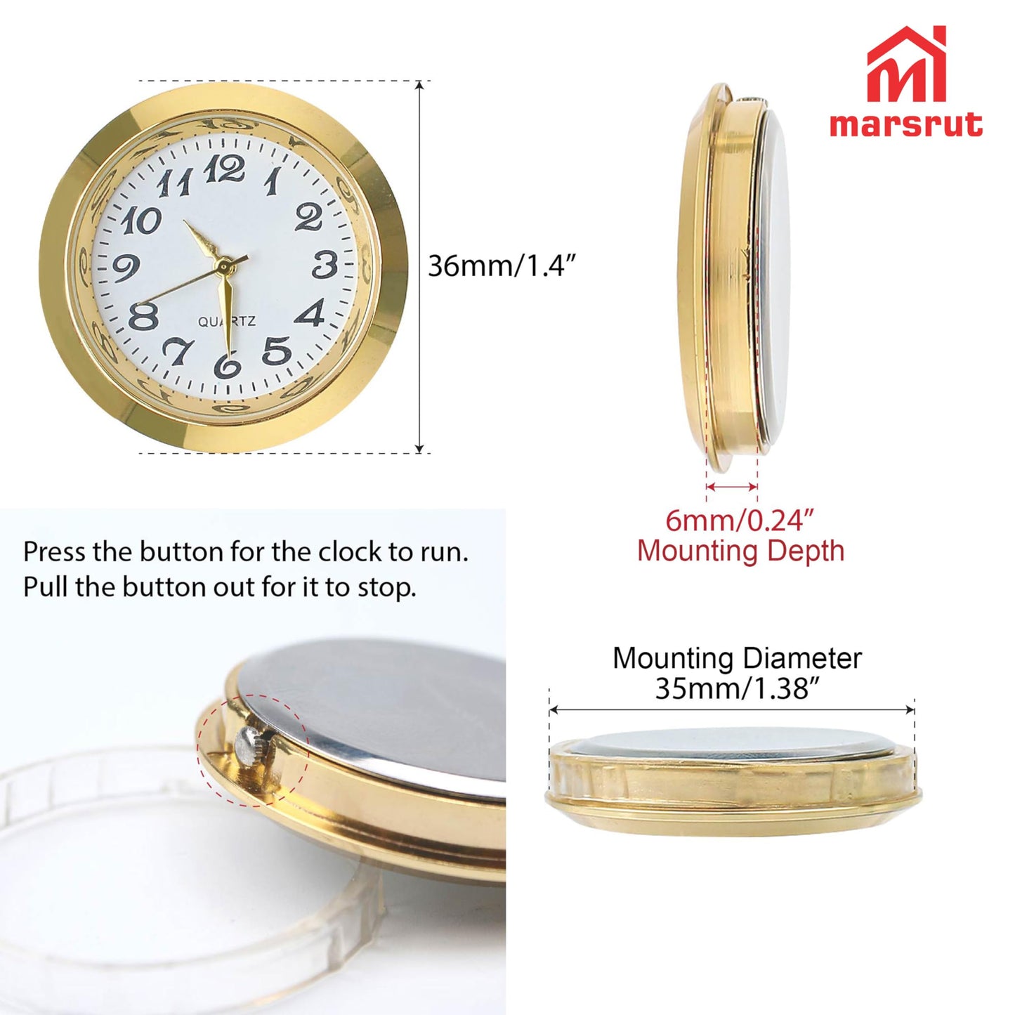 3PCS Mini Clock Face Insert Replacement, Fit 35mm (1.38") Hole Diameter, Round Inner Miniature Crystal Clock Roman Numeral Quartz Movement Metal Gold Tone Bezel Supplies for DIY Craft Repair Easy Read
