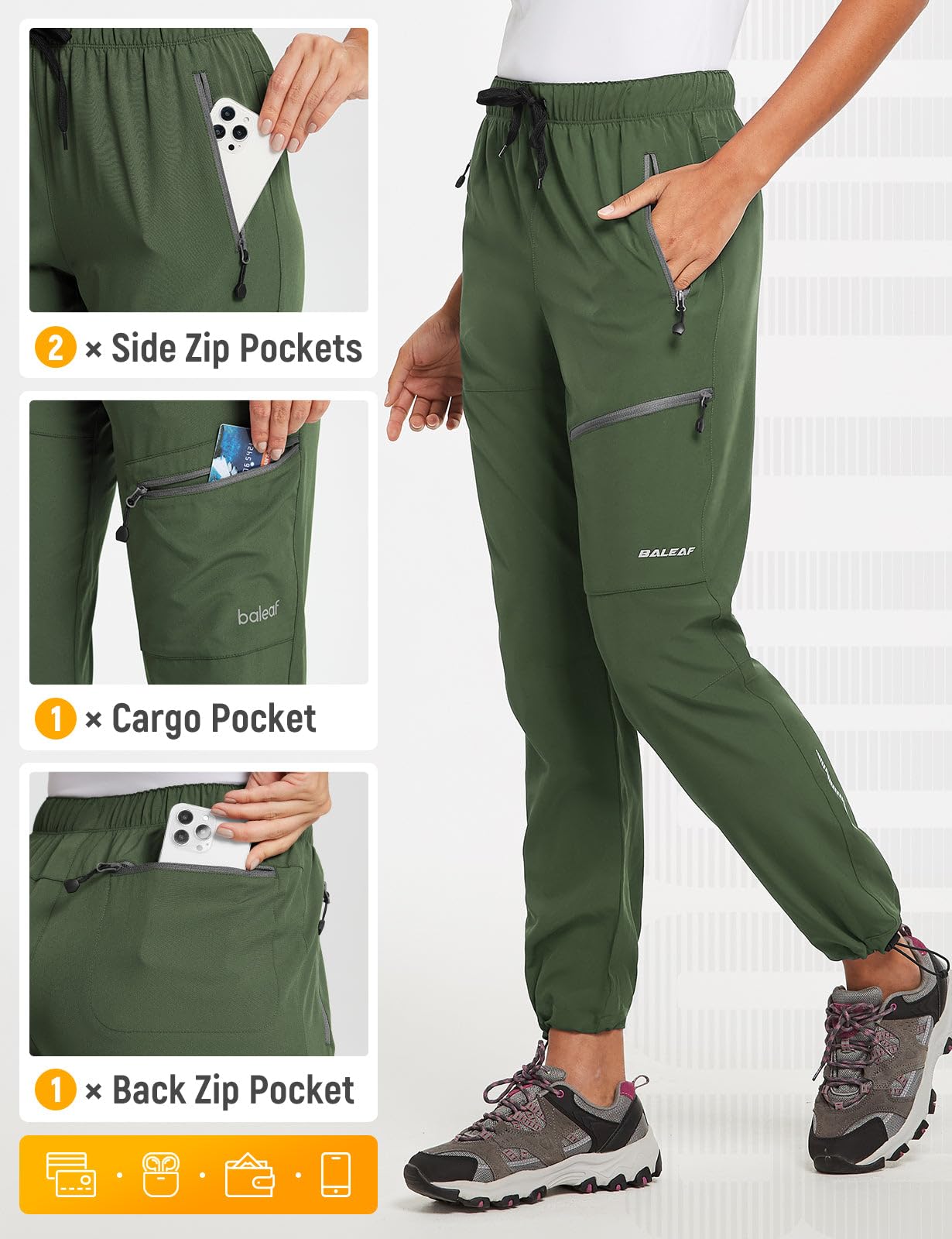 baleaf Women's Hiking Pants Quick Dry Lightweight Water Resistant Stretch Cargo Pants with Zipper Pockets Travel Camping 29''-Blue Gray 3XL