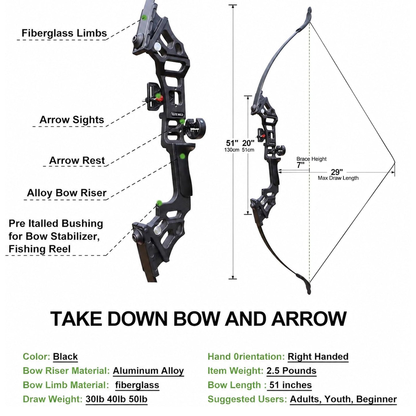 IS-TONGTU Archery Recurve Bow and Arrow Set for Adults, Archery Hunting Long Bow Set for Adults Beginner & Youth, Takedown Recurve Bow 30lb 40lb 50lb Kit with Arrow Sight & Rest & 12 Arrows