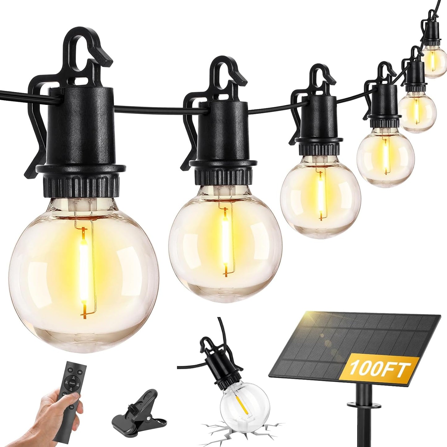 100FT Solar Powered String Lights with Remote - Waterproof G40 Patio Lights, 30 Shatterproof Bulbs, 3 Modes for Camping & Backyard
