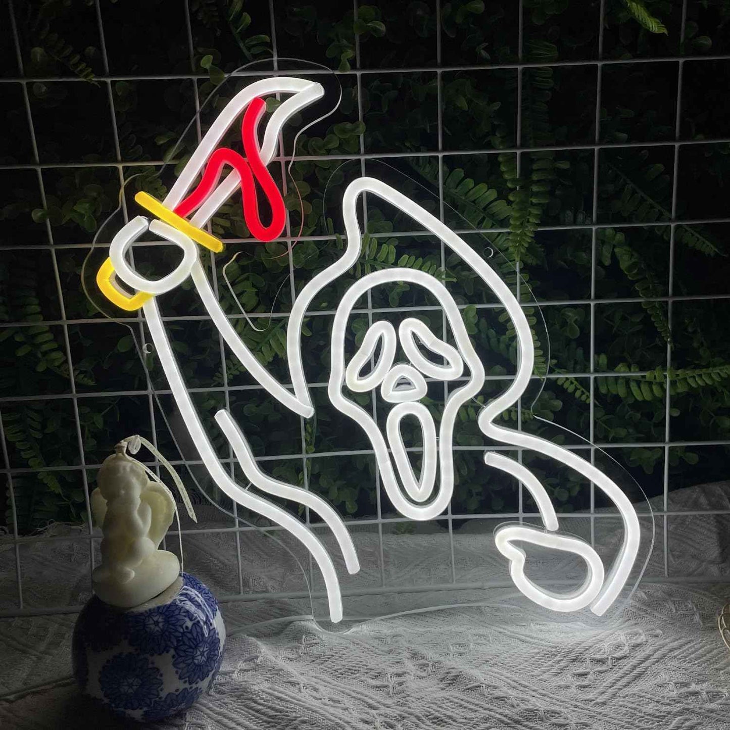 Halloween Ghost Face Neon Sign Decoration，Ghost With Knife Lights for Wall Decor Hanging Ghost LED Signs for Bar Bedroom Game Room Man Cave Neon Art Signs for Halloween Party