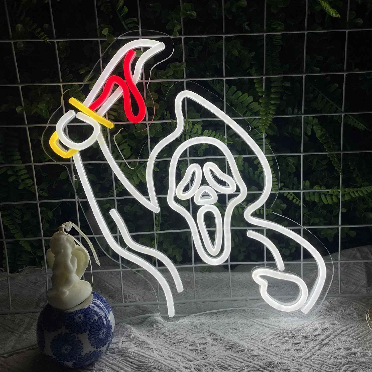 Halloween Ghost Face Neon Sign Decoration，Ghost With Knife Lights for Wall Decor Hanging Ghost LED Signs for Bar Bedroom Game Room Man Cave Neon Art Signs for Halloween Party