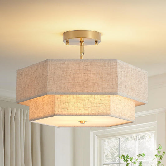 InterMaka Modern Semi Flush Mount Ceiling Light 15.7" Boho Light Fixture with Linen Shade, Double Drum 3-Light Entryway Pendant Light, Close to Ceiling Light Fixtures for Living Room Bedroom Nursery