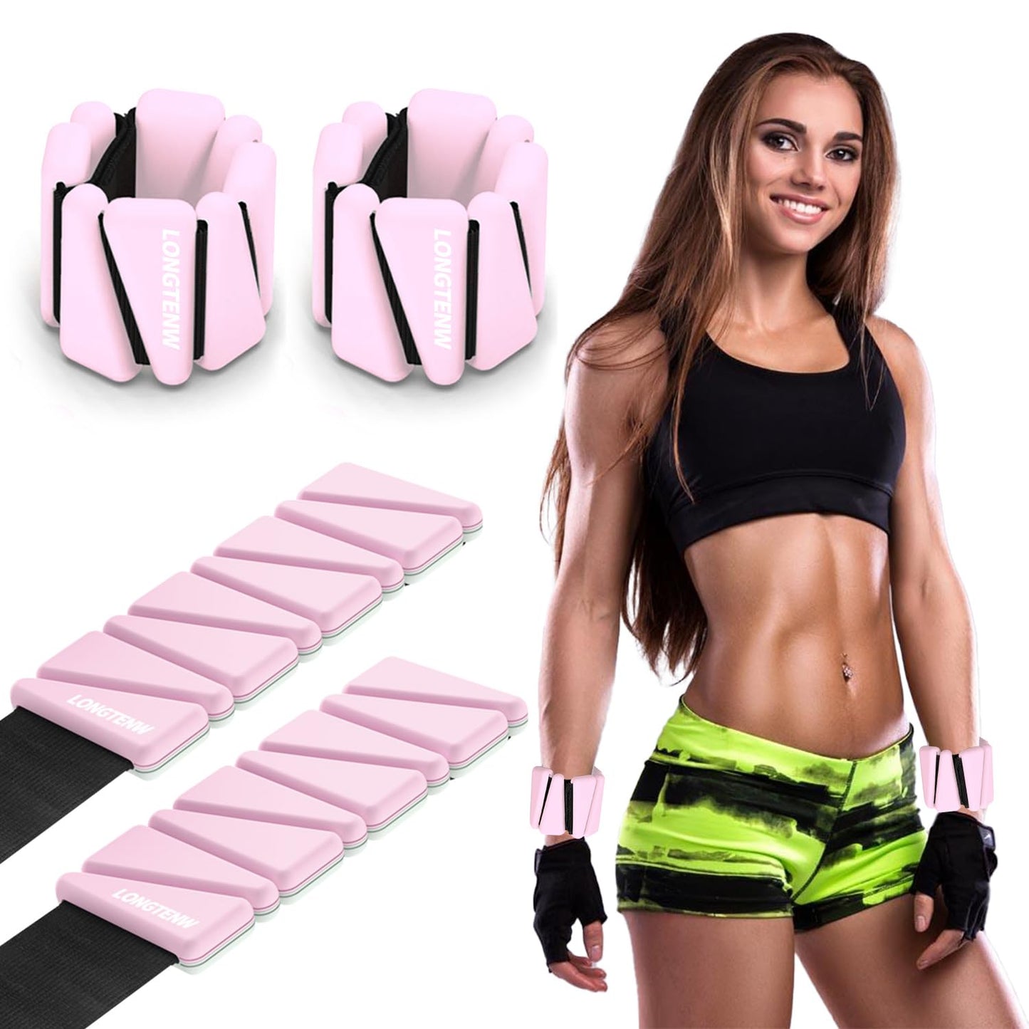 LONGTENW Adjustable Silicone Wrist & Ankle Weights Customizable Fitness Bands for Yoga, Pilates, Running, and Strength Training Detachable Design, Comfortable Eco-Friendly Material (Pink, 2 lbs Pair (1lbs Each))