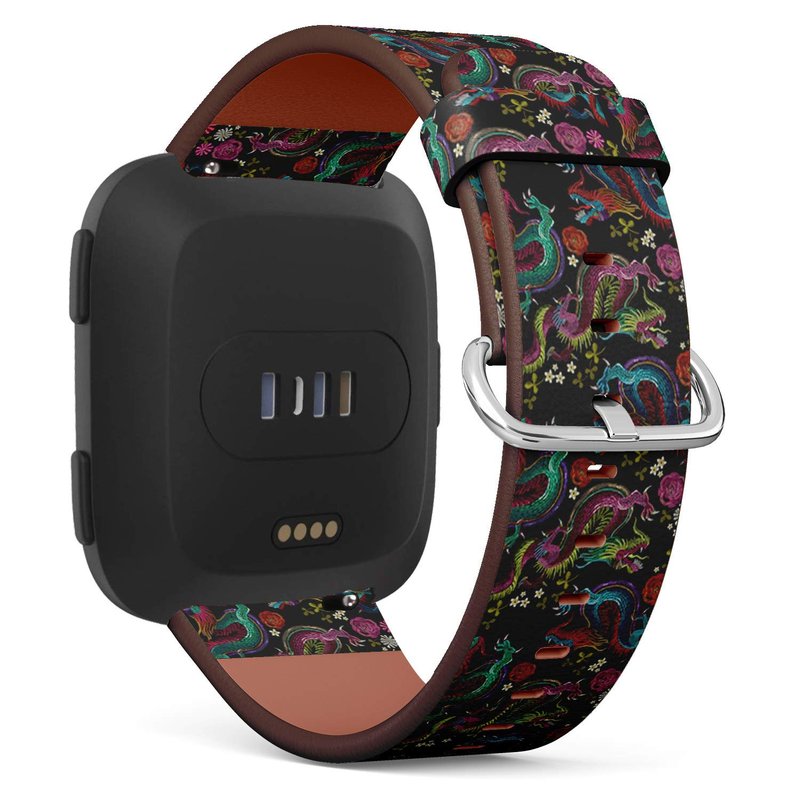 Compatible with Fitbit Versa, Versa 2, Versa Lite - Quick Release Leather Wristband Bracelet Replacement Accessory Band - Broidery Vintage Chinese Dragons Flowers