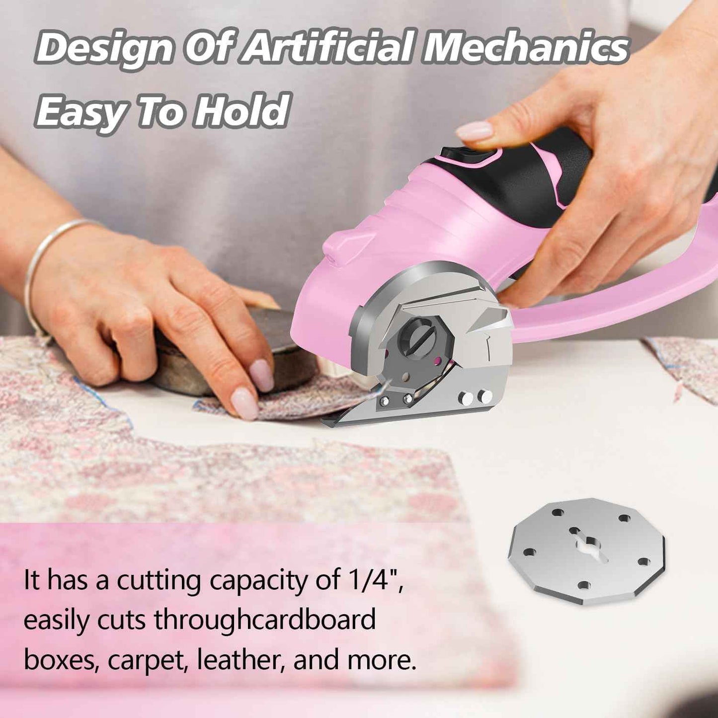 Cordless Electric Scissors, 4V Rechargeable Box Cutter & Cardboard Cutter with Titanium Blade, LED Light, Safety Lock - Rotary Cutter for Fabric, Leather, Carpet, Plastic, Crafting, Sewing (Pink)