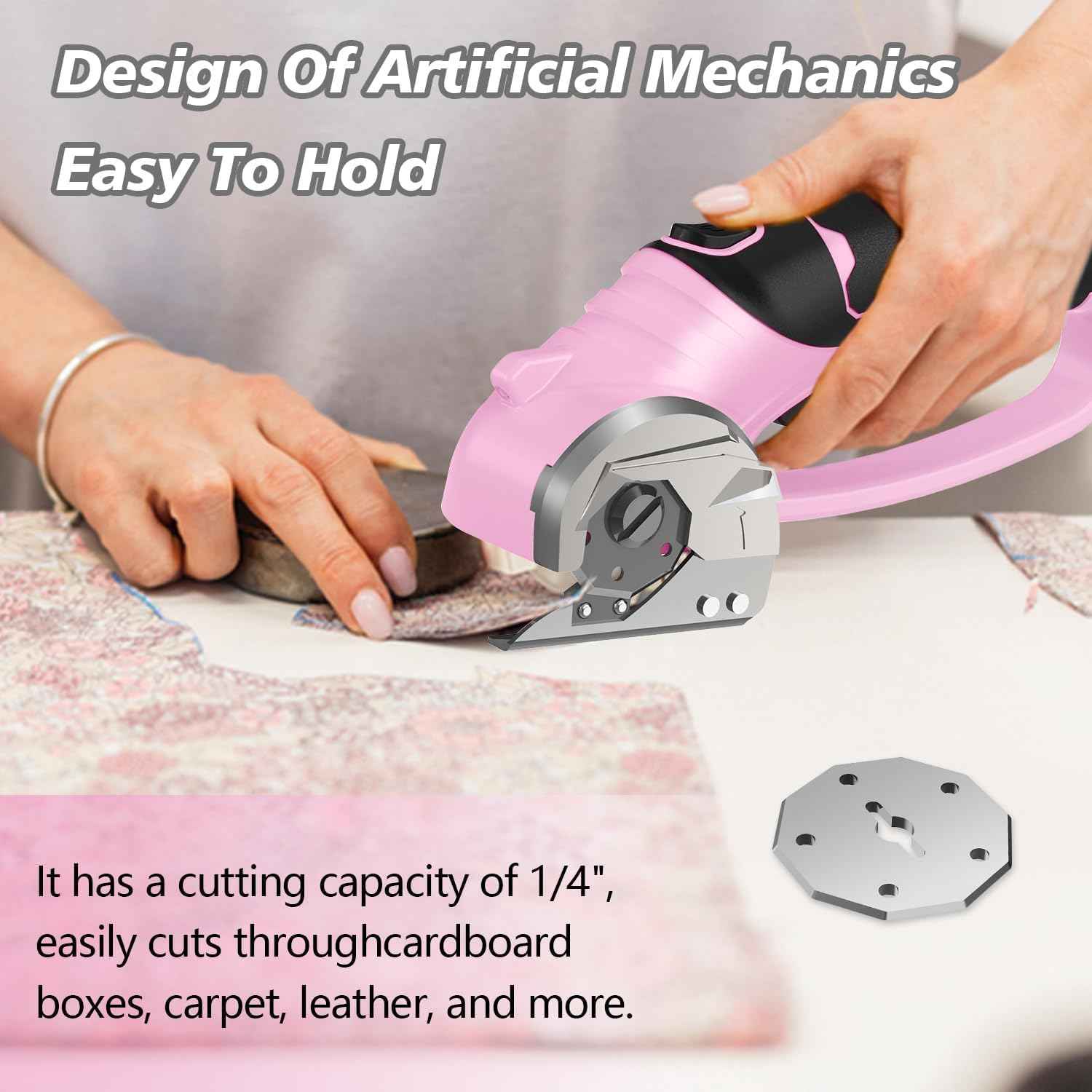 Cordless Electric Scissors, 4V Rechargeable Box Cutter & Cardboard Cutter with Titanium Blade, LED Light, Safety Lock - Rotary Cutter for Fabric, Leather, Carpet, Plastic, Crafting, Sewing (Pink)