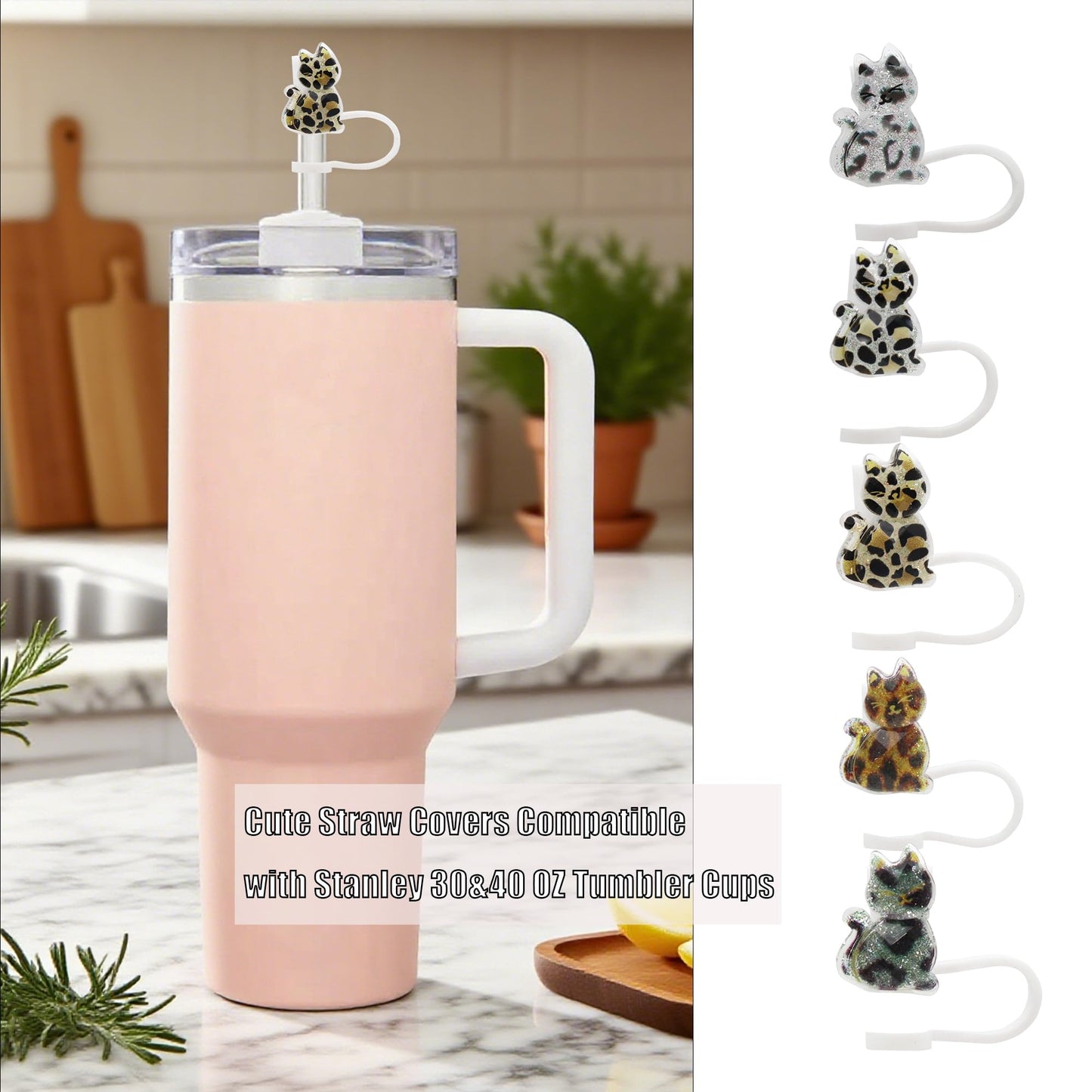 5Pcs Glitter Cat Straw Covers Cap for Stanley Cup, 0.4in/10mm Silicone Straw Toppers Compatible with Stanley 30&40 Oz Tumblers, Reusable Drinking Straw Tips Lids