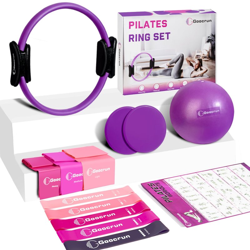 Goocrun Pilates Ring Set Exercise Equipment, with Exercise Resistance Bands Set, Pilates Ball, Sliding Disks. Portable Home Gym - with Fitness Guide Poster (Purple)
