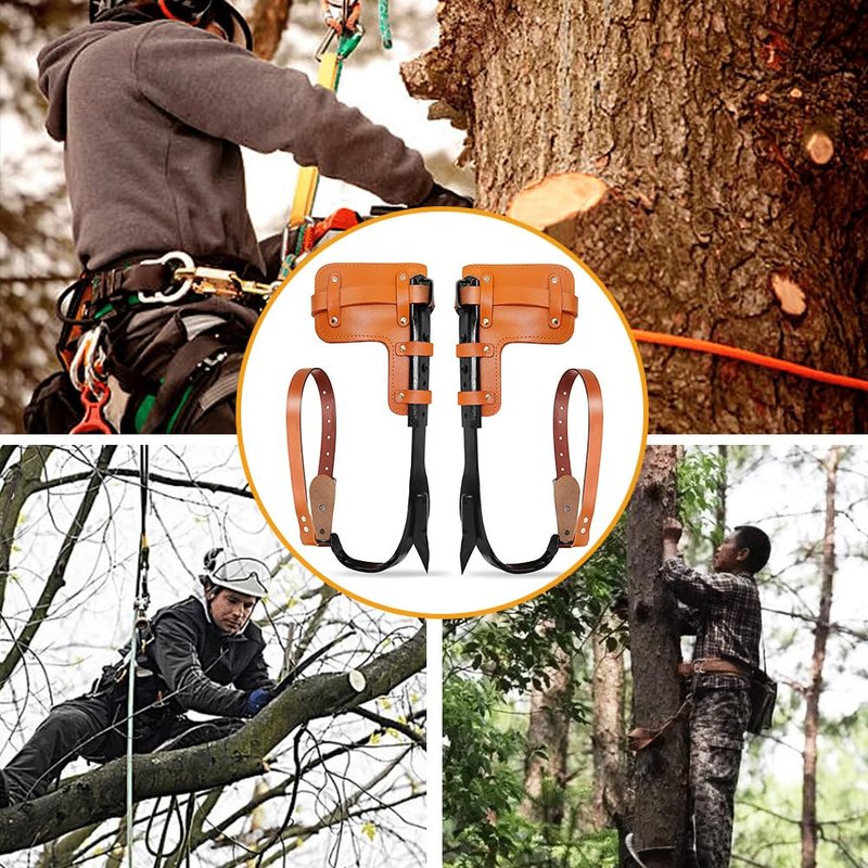 MYCGJH Upgrade Cow Leather Tree Climbing Spikes Set with Harness Belt, Scissors & Saw, Adjustable Tree Climbing Gear Pole Climbing Spurs Tool Tree Climbing Spikes for Outdoor Activities
