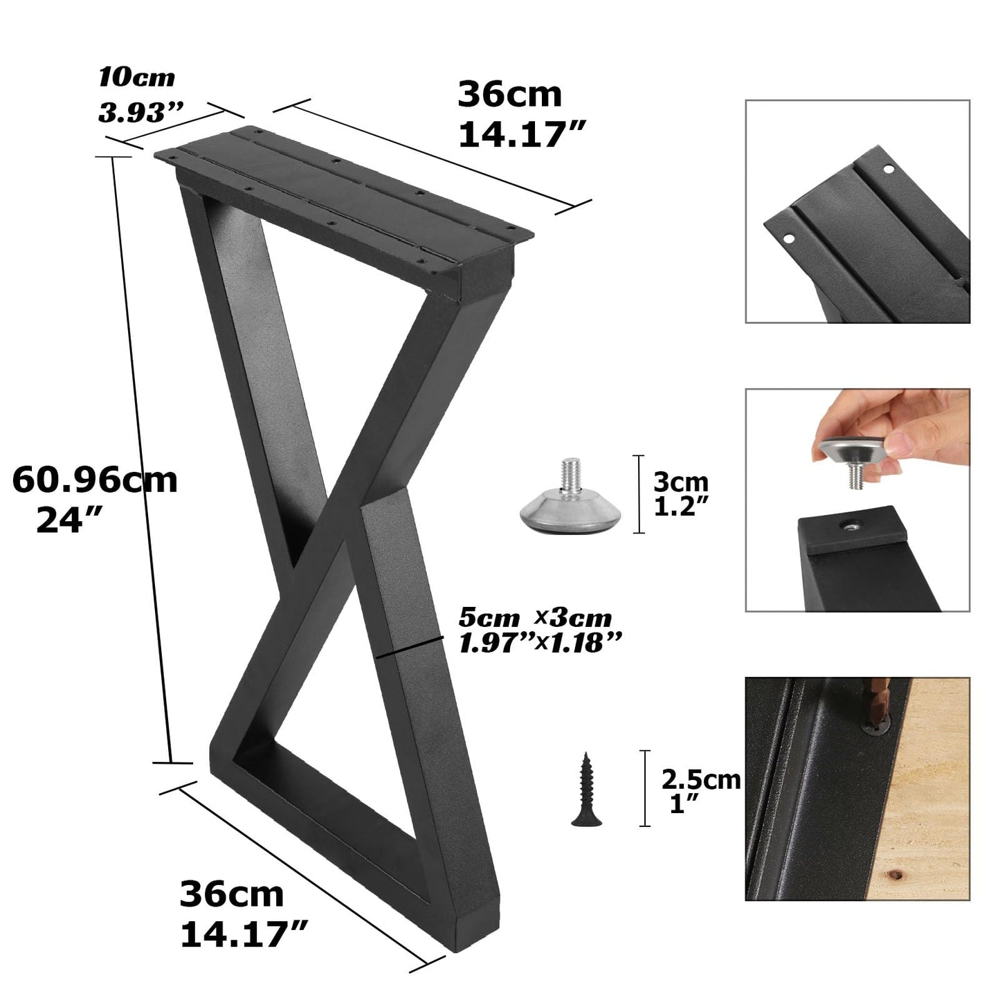 Rioychan 24 Inch Metal Table Desk Legs, Industrial Style Home DIY Project for Furniture,Nightstand,Coffee/End/Side Table Legs with Adjustable Floor Protector, Black (H24” x W14.2”, 2Pcs)