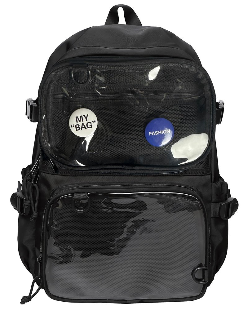 VOUSXLLEZ Ita Bag Backpack Double Window Pins Bag with insert, Backpack for Cosplay and Concert(Pins NOT Included) (Black)