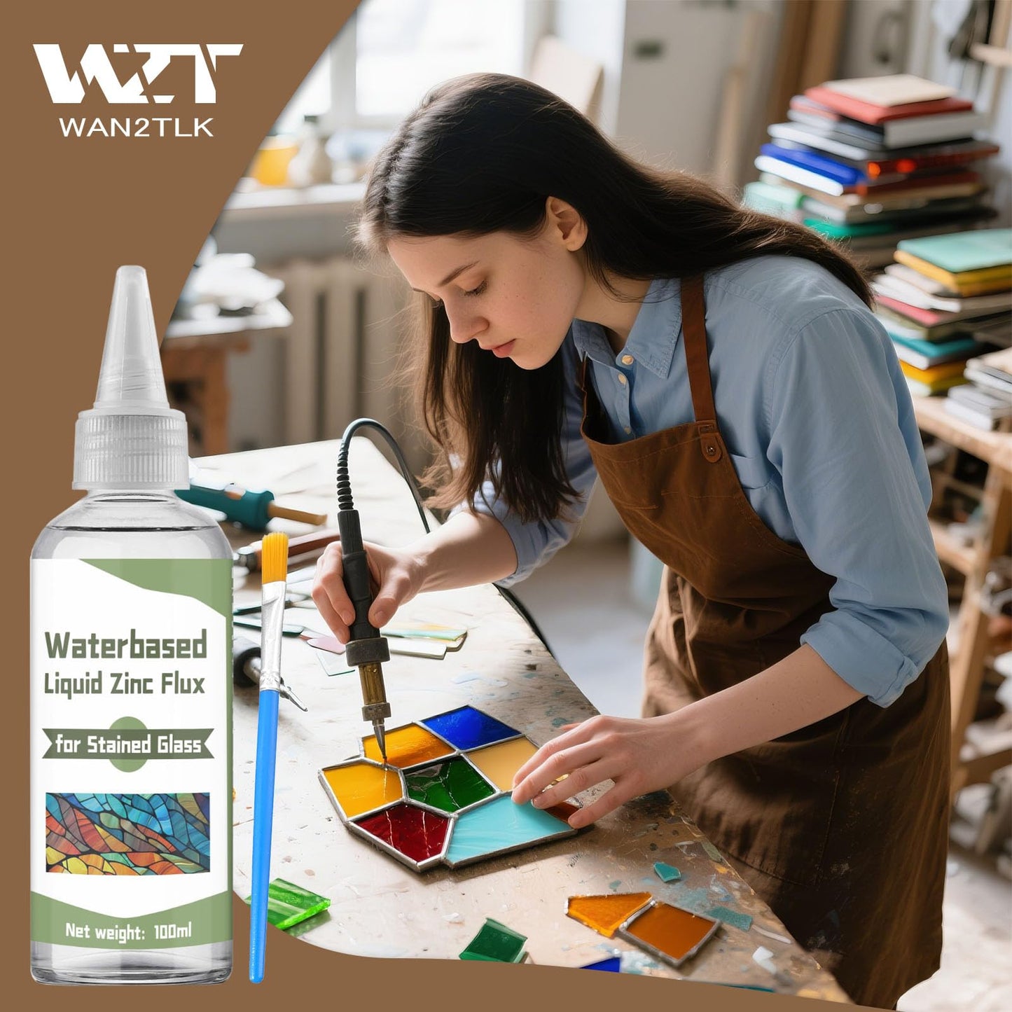 WAN2TLK Liquid Flux Soldering 100ml - Stained Glass Flux for Soldering Work, Glass Repair and More - Stain Glass Tools and Supplies - Waterbased Liquid Zinc Flux for Stained Glass