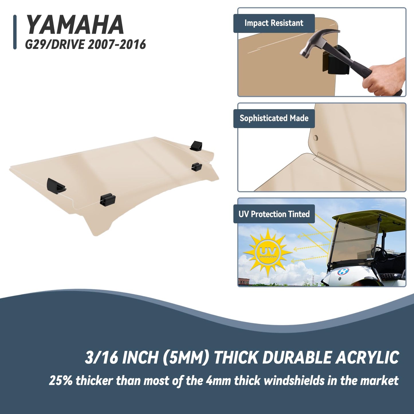 Golf Cart Windshield For Yamaha G29/Drive 2007-2016, 3/16" (5MM) Thicken Foldable, Tinted UV Protection and Impact Resistant Acrylic - Tinted