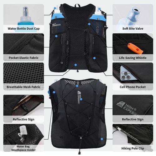 HIGH EXPERIENCE Running Vest Lightweight 4L Trail Hydration Backpack Pack with 2 17oz Soft Flask Jogging Marathon Cycling Hiking for Women Men (Black, Medium)