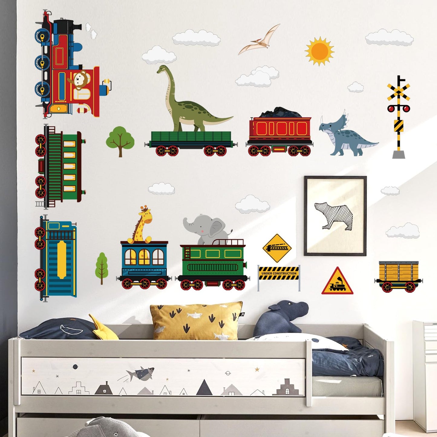 decalmile Animal Train Wall Stickers Dinosaur Elephant Giraffe Wall Decals Baby Nursery Children Bedroom Playroom Wall Decor