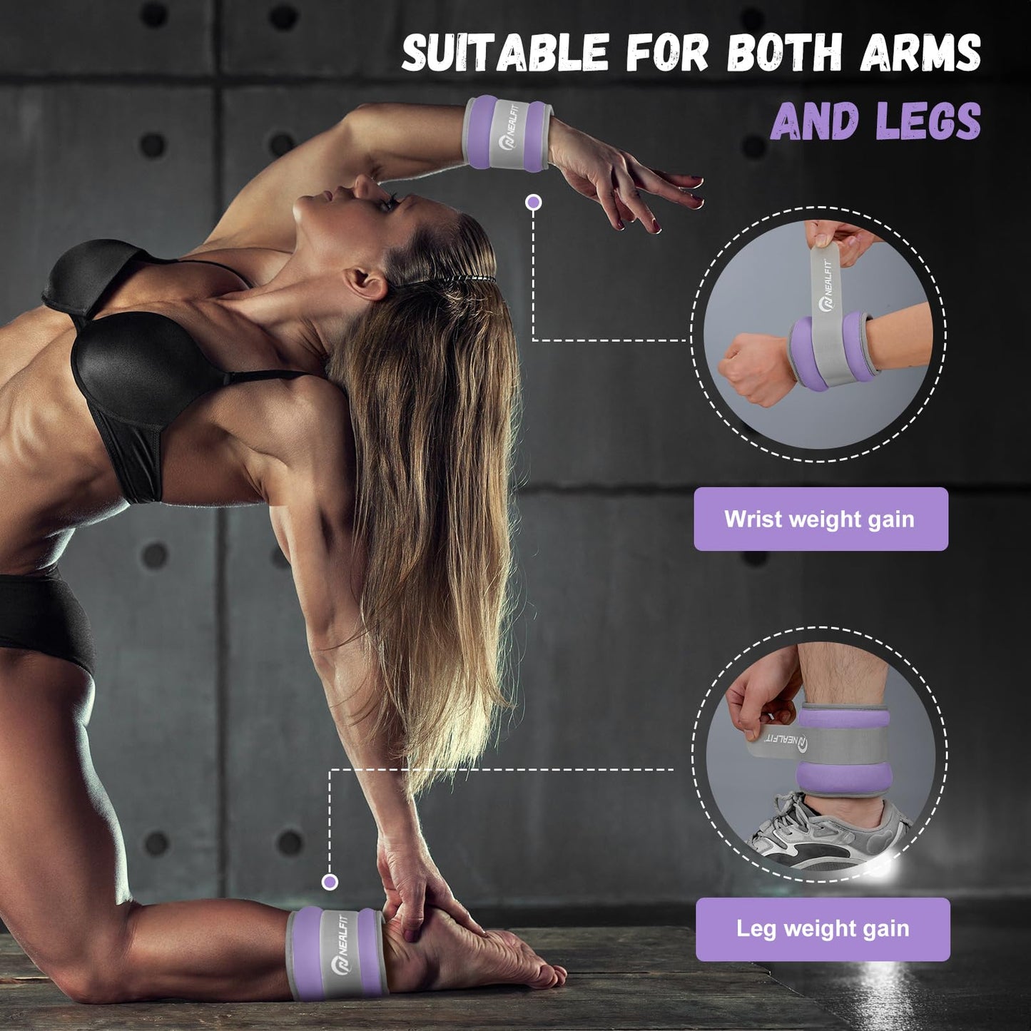 NEALFIT Ankle Weights 1/2/3/4/6/10 LBS for Men Women Kids, Leg Arm Wrist Weights with Adjustable Strap for Running, Aerobics, Strength Training, Physical Therapy, Fitness (Purple, 0.5 lb x 2 (1LB Pair))