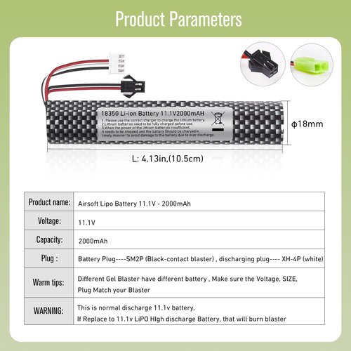 AUDEEKON Airsoft Lipo Battery 11.1V - 2000mAh Rechargeable Batteries USB Charger with Charging Cable, Replacement Battery for Airsoft Gel Ball Blaster