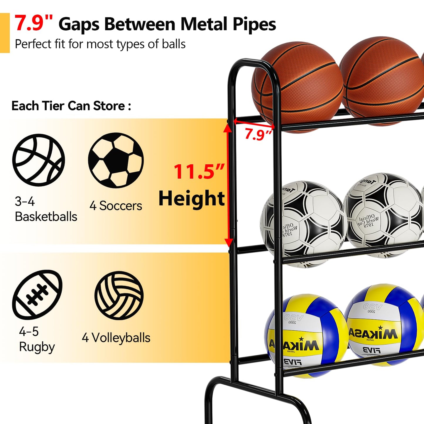 SUFAUY Sports Equipment Organizer, Garage Basketball Rack, Gear & Ball Storage Rack, Outdoor and Indoor Rolling Balls Cart with Wheels