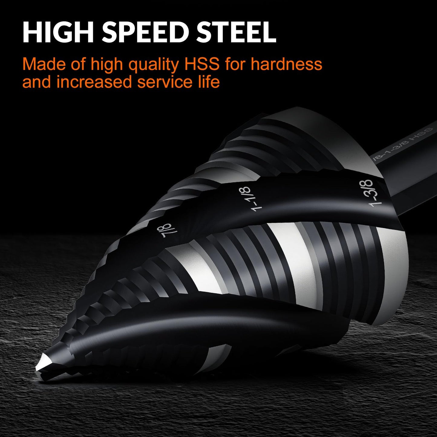 THINKWORK Four Spiral Flute Step Drill Bit, HSS Step Drill Bit3/16-1-3/8 (3 Popular Sizes) Unibit Step Drill Bit, 1/4" Shank Step Bits for Aluminum, Wood, Plastic, Metal