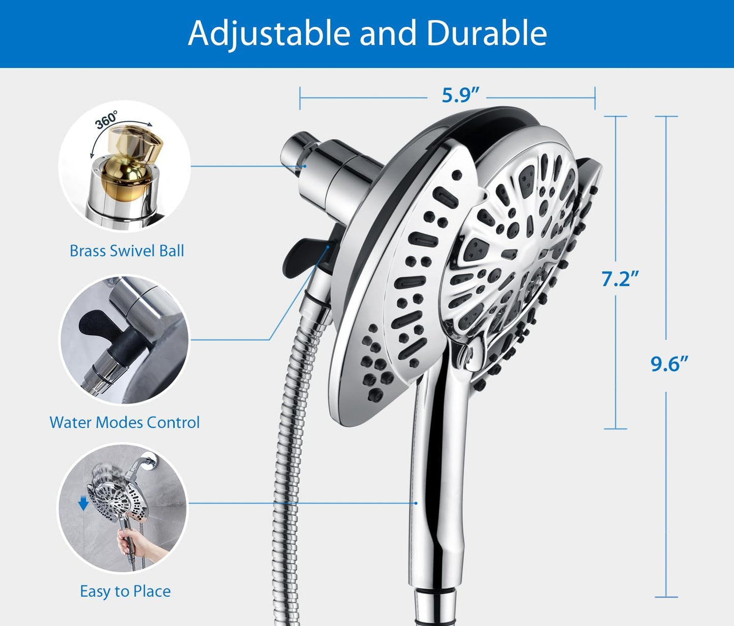 2.5GPM 7.2" Rainfall & Handheld Shower Head Combo with 60" Stainless Steel Hose