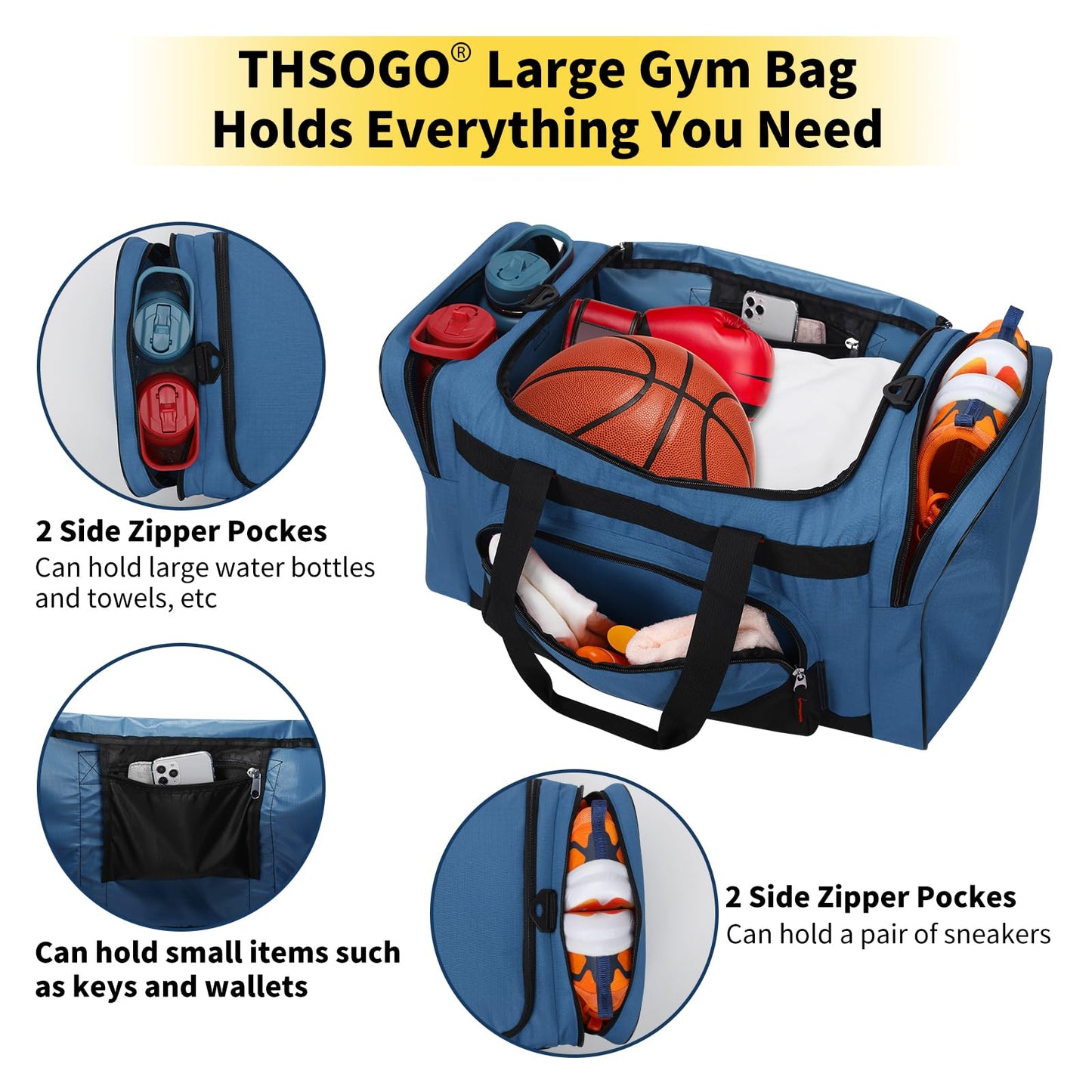 THSOGO 22 inch Gym Bag for Men - 55L Large Travel Duffle Bag Sports Equipment Bag with Multiple Zippered Pockets,Outdoor Workout Duffle Bag for Overnight Weekend - Blue