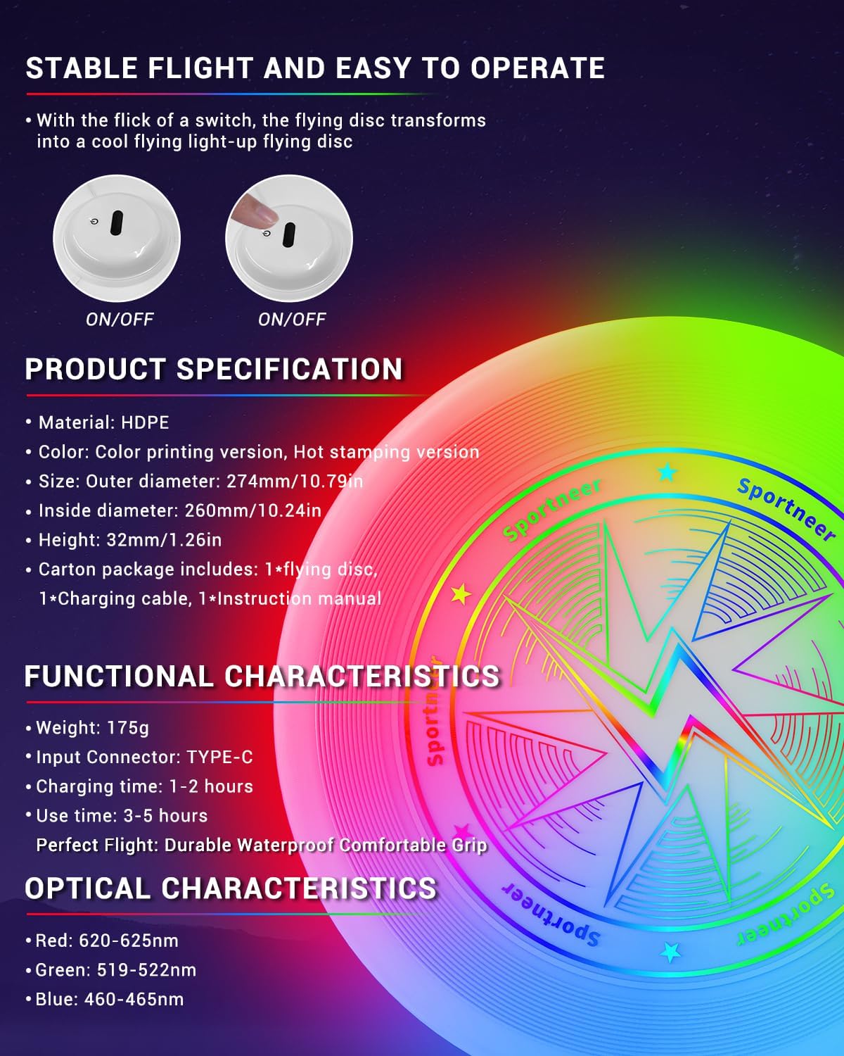 Sportneer LED Flying Disc - Light Up Frisbee with 3 Color Modes | USB-C Rechargeable for Night Games