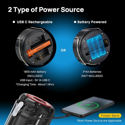 Consciot Collapsible LED Camping Lantern - USB C Rechargeable & Battery Powered | 2-in-1 Emergency Light, Black