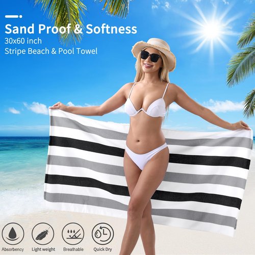 Beach Towel Set - Skiennix 4-Pack Quick-Dry Sand-Free Stripe Towels | 30"x60" Soft Absorbent Grey/Black
