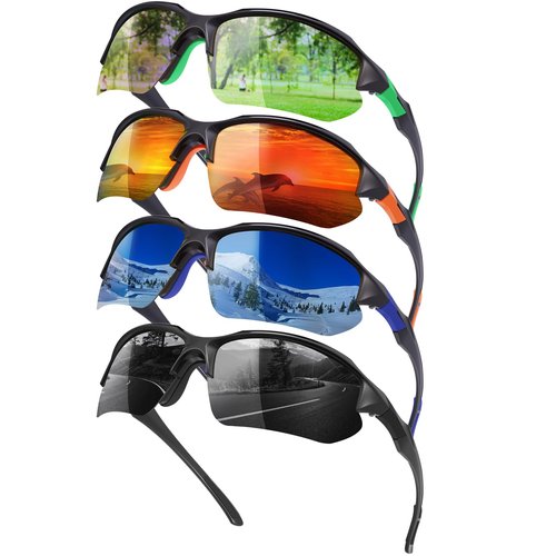 GGSTDDUP 4 Pack Polarized Sports Sunglasses for Men & Women | UV Protection Lightweight Wraparound Sunglasses for Cycling, Driving, Fishing, Running, green+orange+navy+black