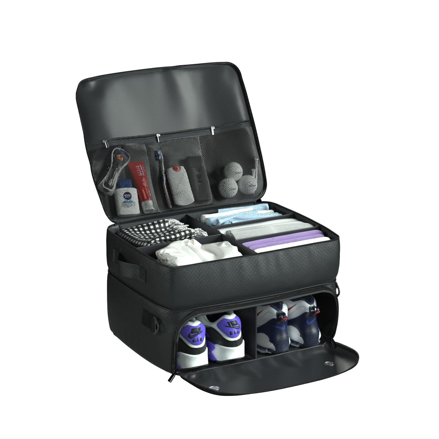 FOLU 2 Layer Golf Trunk Organizer, Waterproof Car-Golf Locker with Separate Ventilated Compartment for 2 Pair Shoes, Golf-Trunk Storage for Balls, Tees, Clothes, Gloves, Accessories