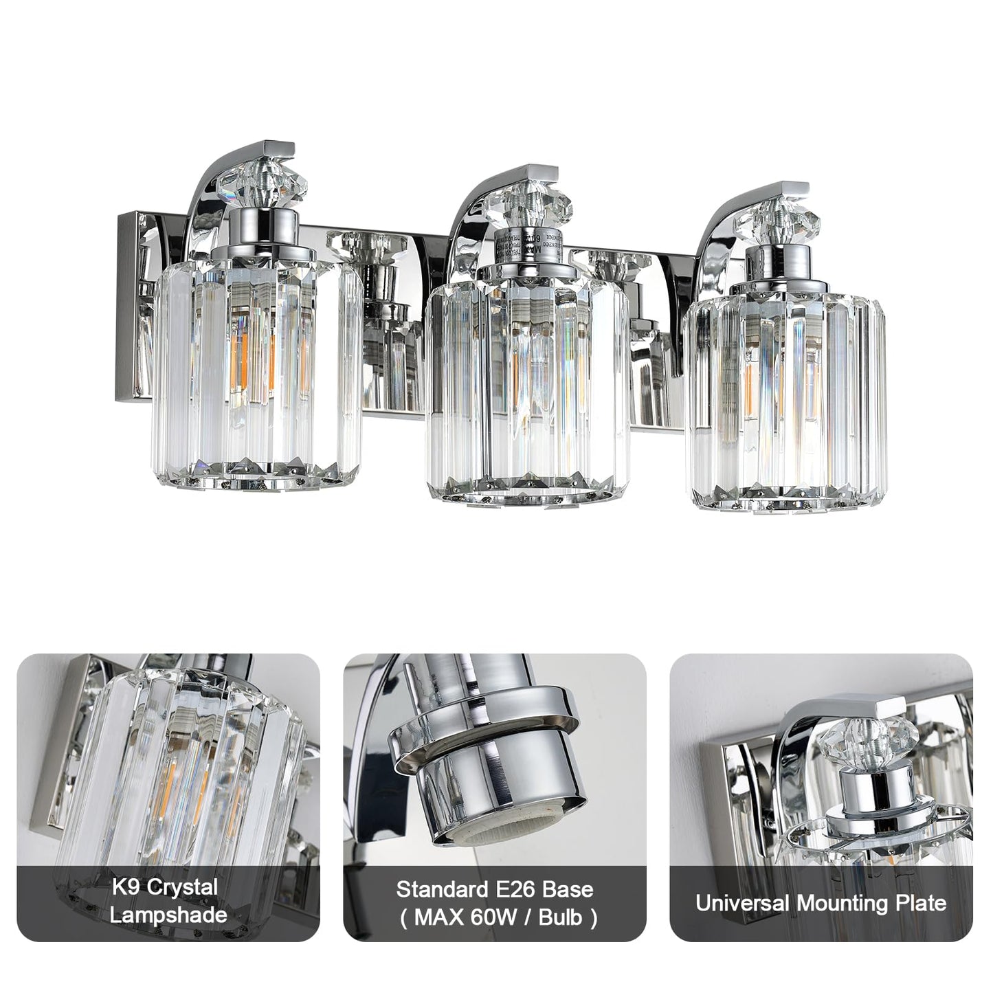 ALAISLYC Chrome Bathroom Light Fixtures with K9 Crystal Lampshade Bathroom Lighting Over Mirror Vanity Lights for Living Room,Bedroom,Restroom,Hallway 3 Lights