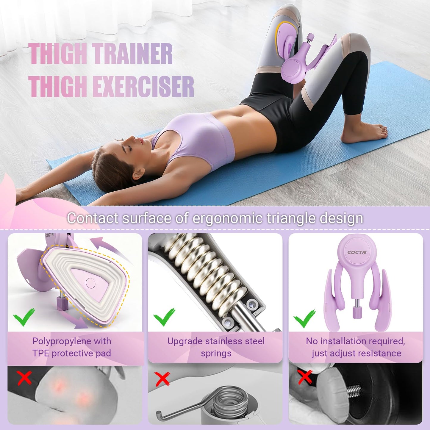 Thigh Trainer for Women, 15-70LB Adjustable Resistance Inner Thigh Exerciser for Pelvic Floor Muscle Repair, Thigh Workout Kegel Exercise Equipment for Shaping, Yoga & Weight Loss at Home Gym -Purple