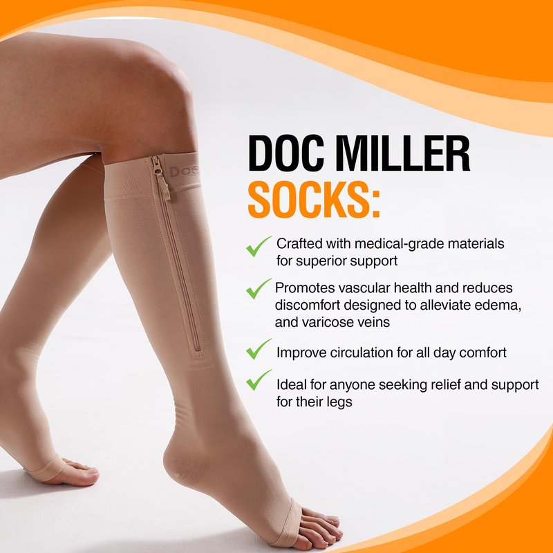 Doc Miller Compression Socks with Zipper – Open Toe Knee High 15-20 mmHg Compression Stockings for Women & Men, Wide Calf, All-Day Circulation Support for Swelling, Travel, Work & Pregnancy - 1 Pair