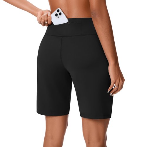 EZPERY Bermuda Shorts for Women with Zipper Pocket Womens High Waisted Long Shorts for Running Workout Athletic Black Dark