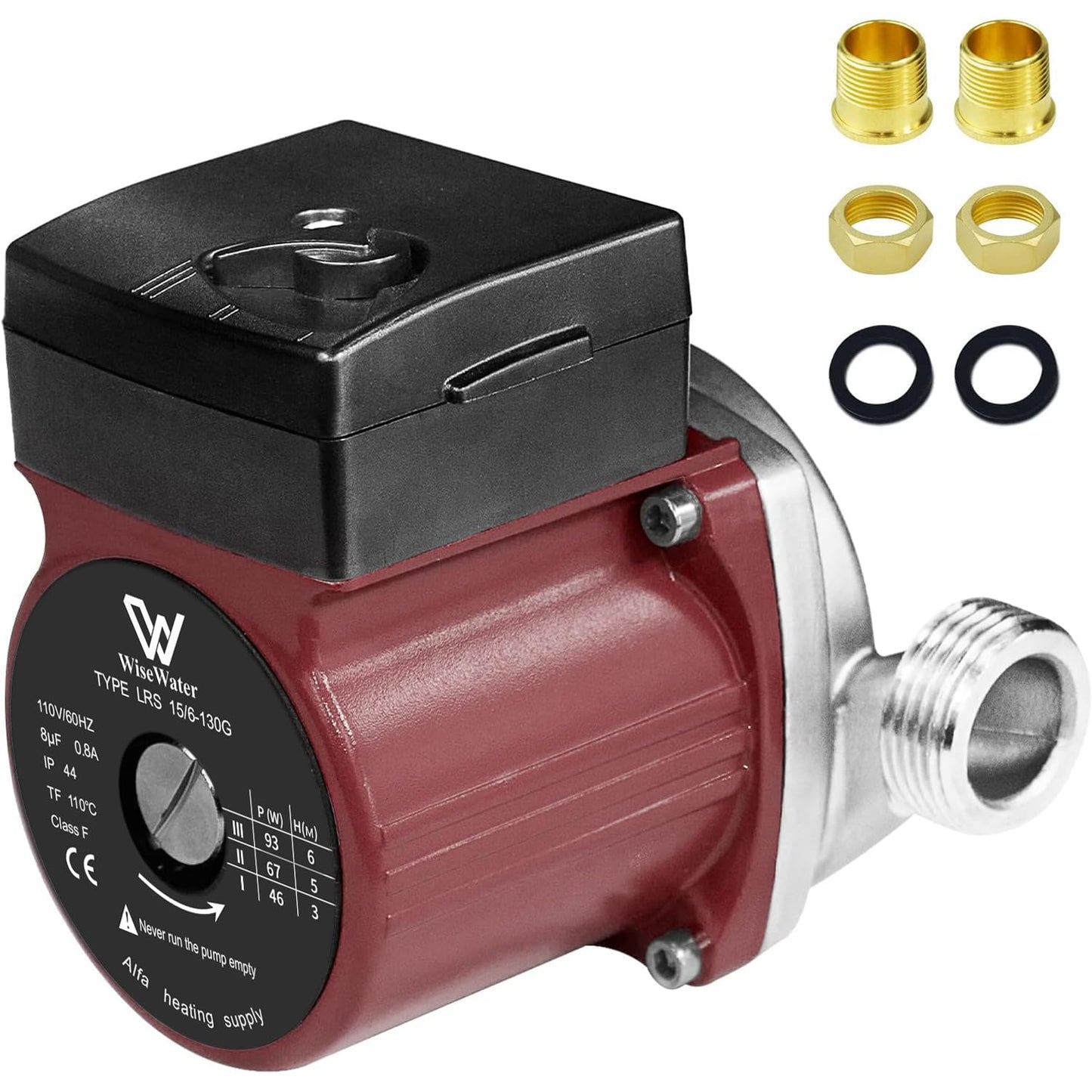 WiseWater 304 Stainless Steel Hot Water Recirculating Pump, 3-speed with 3/4'' NPT Adapters, 110 V Pressure Booster Pump for Floor Heating, Radiator Heating, Hot Water Supply (Red)