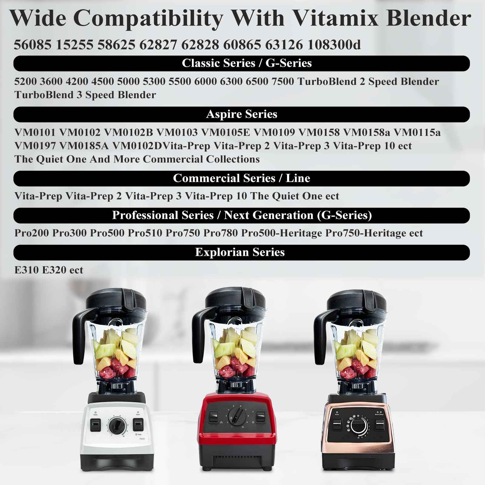 For Vitamix Blender Pitcher 64oz Low-Profile, Replacement Pitcher for Vitamix 750 5300 5200 5000 7500 6300 Vm0102 Vm0103 Vm0197 E310 G/Classic C/Explorian/Commercial series etc