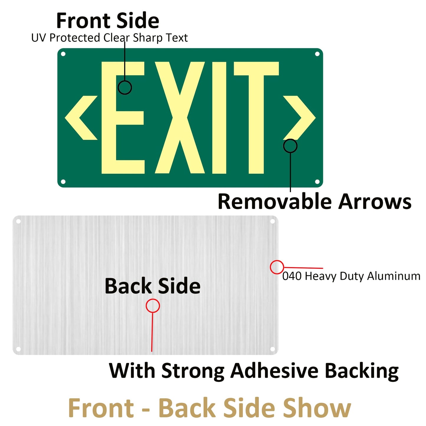 3Pack Photoluminescent Exit Sign Green - 14.25"x 7.5" Aluminum - Adhesive Backing- Includes 6pcs Removable Arrows - Glow In The Dark Exit Signs