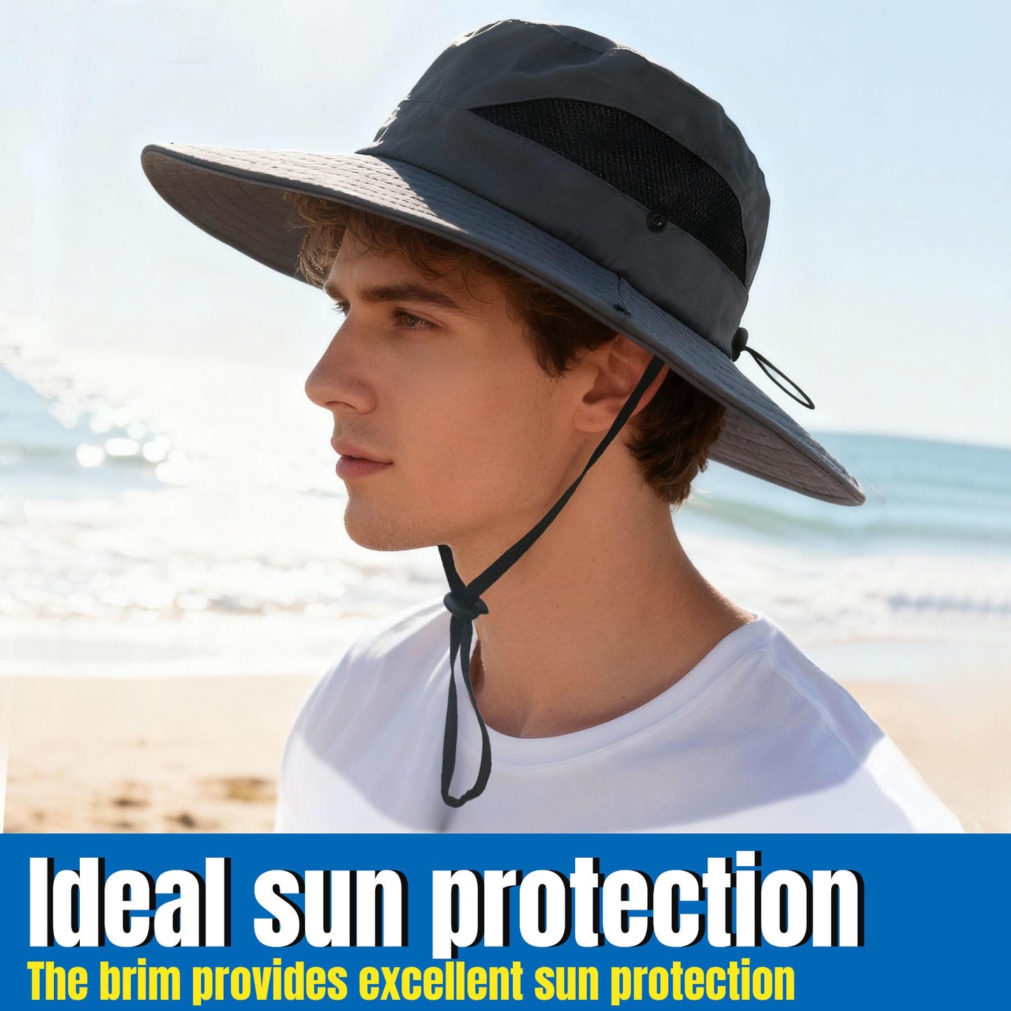 NPJY Sun Bucket Hats Wide Brim Fishing Hat UPF 50+ Beach Outdoor Hiking Hats Black