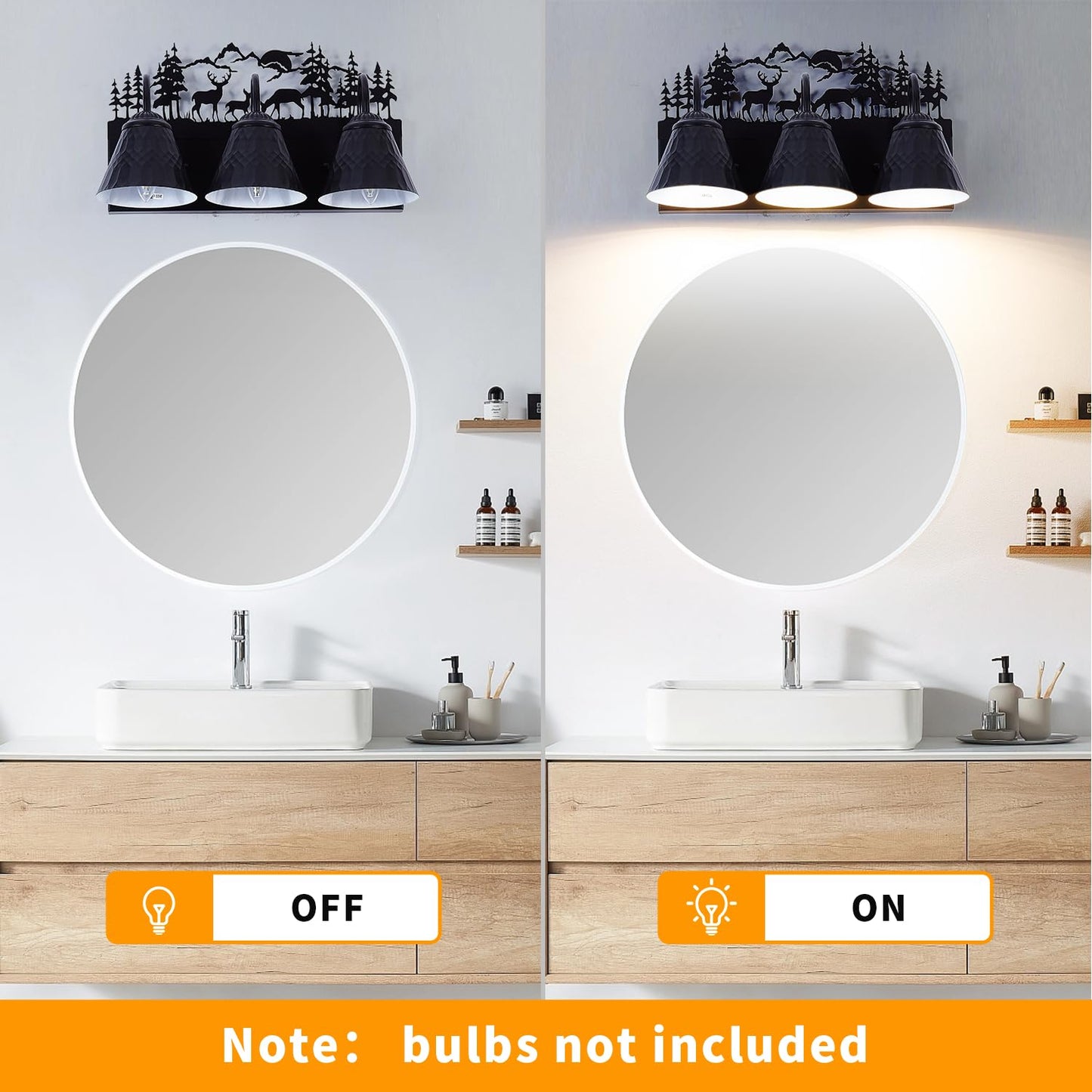 Rustic 3-Light Black Vanity Light Fixtures with Deer Design, E12 Base Farmhouse Bathroom Lighting for Mirror, Cabinet, or Dressing Table (Small, Bulb Not Included)