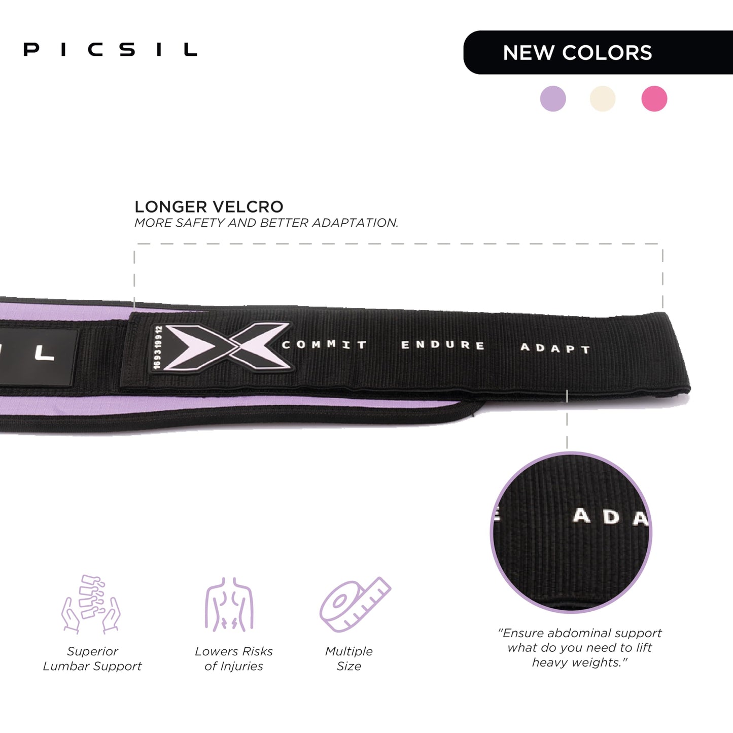 PICSIL - Weight Lifting Belt | Core & Back Support | Customizable with Patch Space | Ideal for Cross training, Squats & Barbell Exercises | Strength Belt for Women and Men | Amethyst, XL