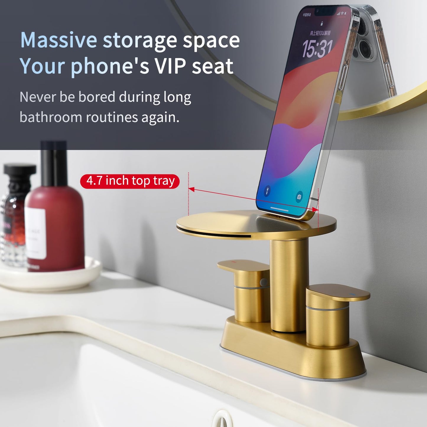 Brushed Gold Bathroom Sink Faucet 3 Hole，Waterfall Bathroom Faucet 4 Inch Centerset with Pop-Up Drain，2 Handle Stainless Steel Faucets for Bathroom Sink Vanity RV