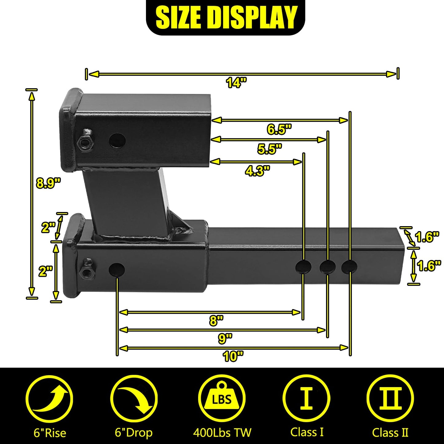 KAIRAY Double Hitch Receiver, 2 inch Trailer Dual Hitch Extension Riser, Hitch Adapter Fits for 2 inch Receiver Extender to 10 inch Max Length, 6 Inch Riser/Drop