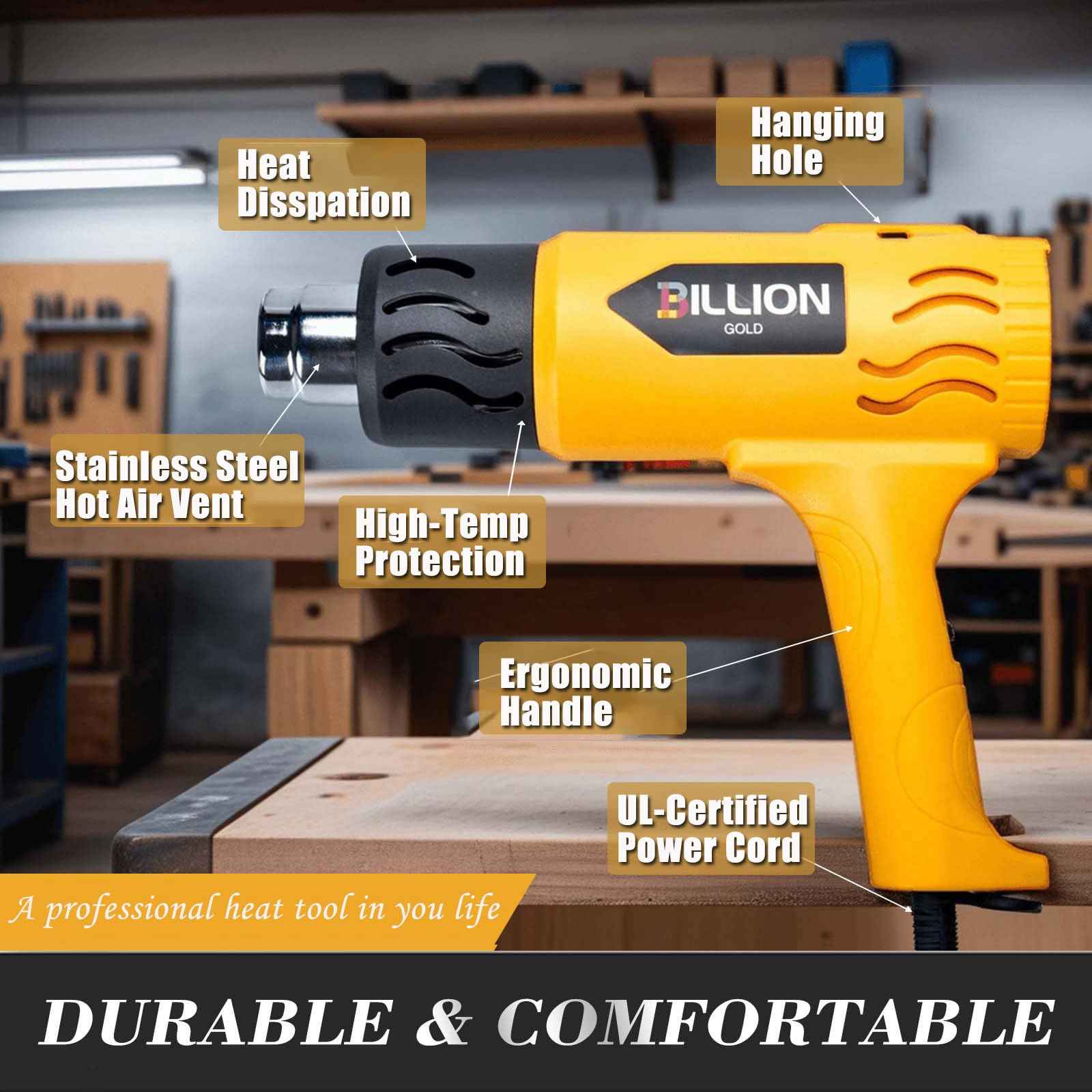 Heat Gun, BILLION GOLD 1800W Hot Air Gun 752℉-1112℉ with 2 Temperature Setting, Heat Gun for Crafting, Shrink Tubing, Paint Removing - 2 Nozzles