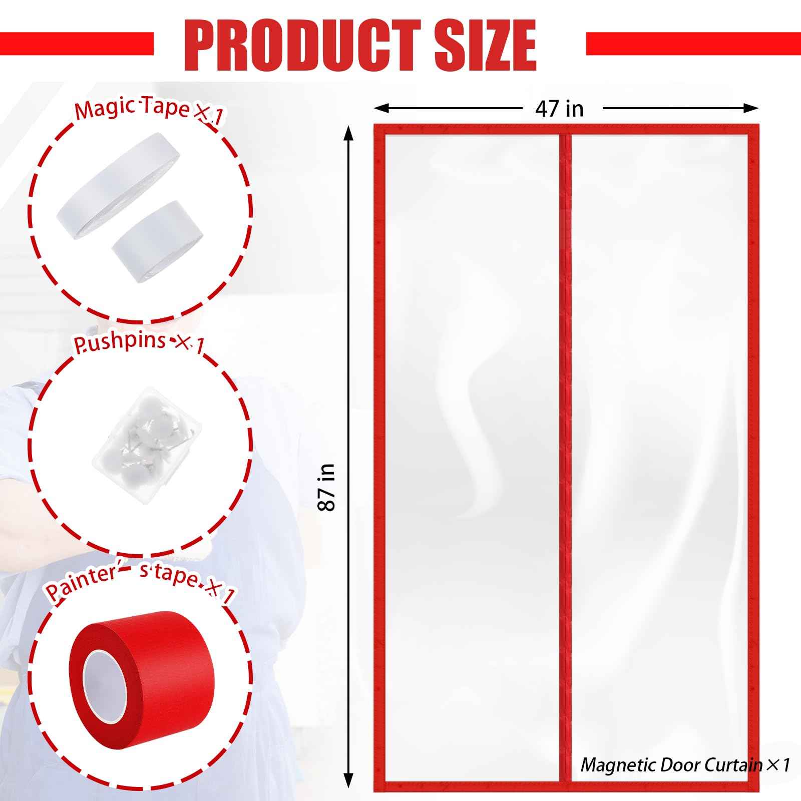 Preboun 1 Set Magnetic Dust Barrier Zipper Door Kit 4' x 7.5' Construction Barriers Dust Door Plastic Doorway for Construction Self Closing Curtain for Doorways Room (Red)