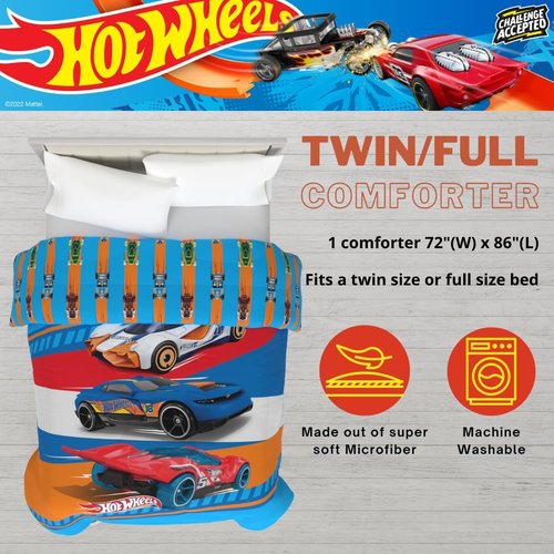 Franco Kids Bedding - Super Soft Microfiber Reversible Comforter | Twin/Full Size, Hot Wheels Design